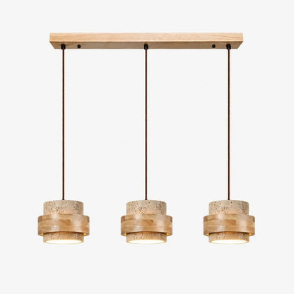 Travertine wood three light linear pendant lamp full view