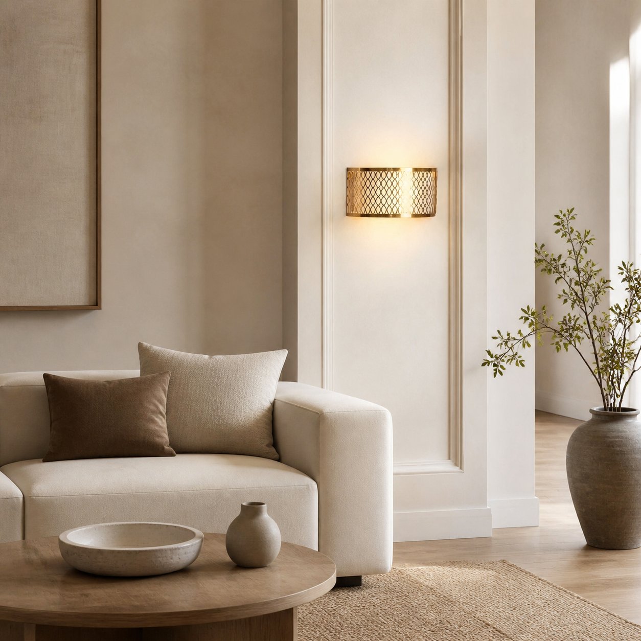 Liorin Fretwork Wall Light - Modern Curved Metal and Fabric Shade Sconce for Hallway or Bedroom