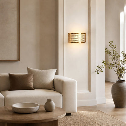 Liorin Fretwork Wall Light - Modern Curved Metal and Fabric Shade Sconce for Hallway or Bedroom