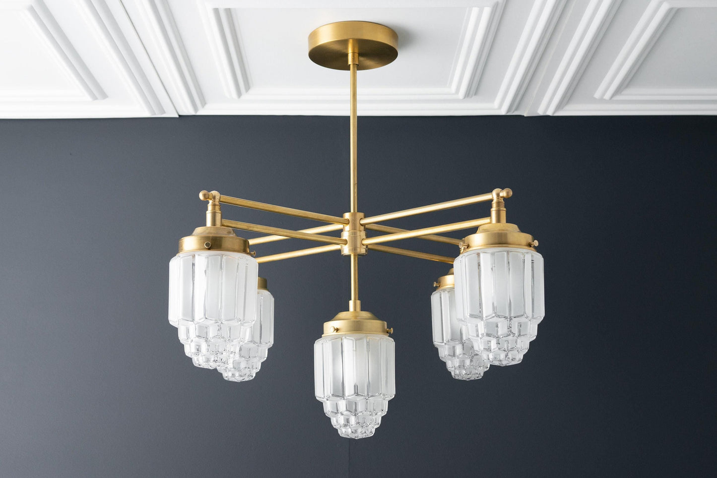Tierlux Glass Chandelier – Vintage Brass Globe Lighting Fixture