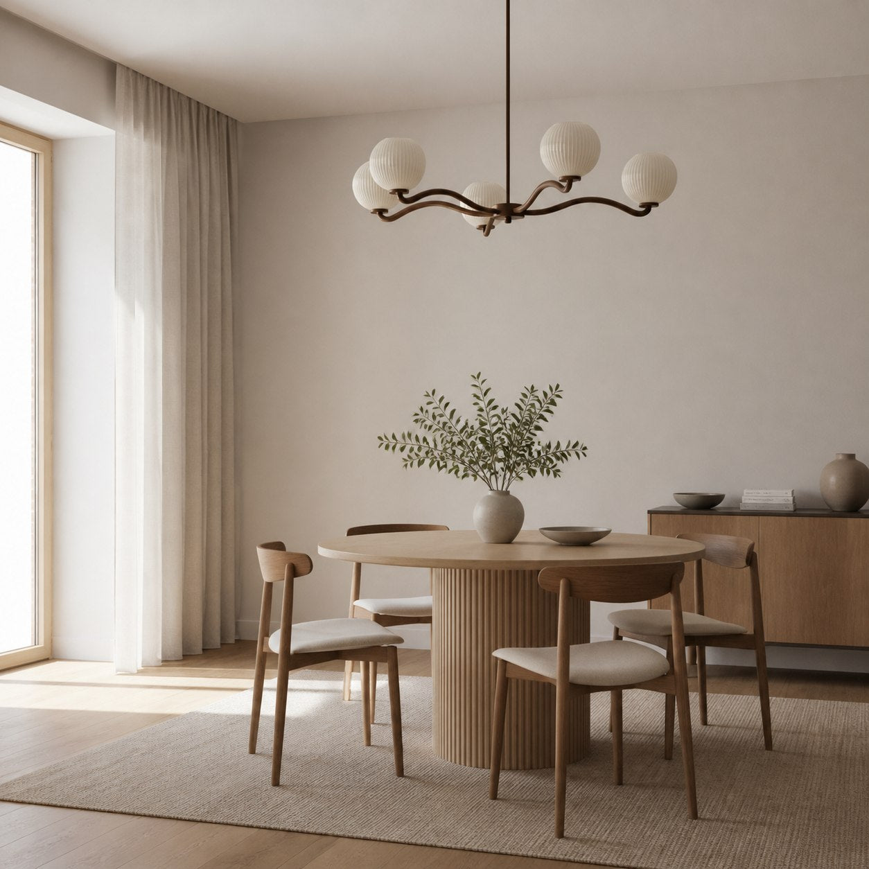 Shella Moderner Fünf-Kugel-Kronleuchter – Pendelleuchte aus Holz, Metall und Glas für Schlaf- oder Esszimmer