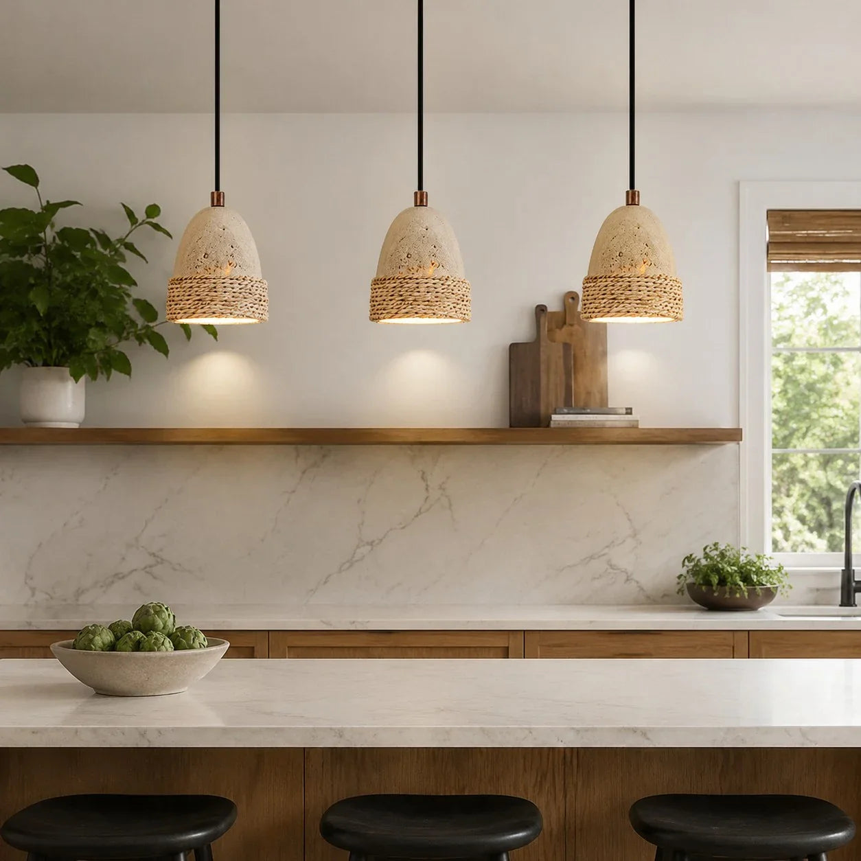 Three woven pendant lights in kitchen island scene