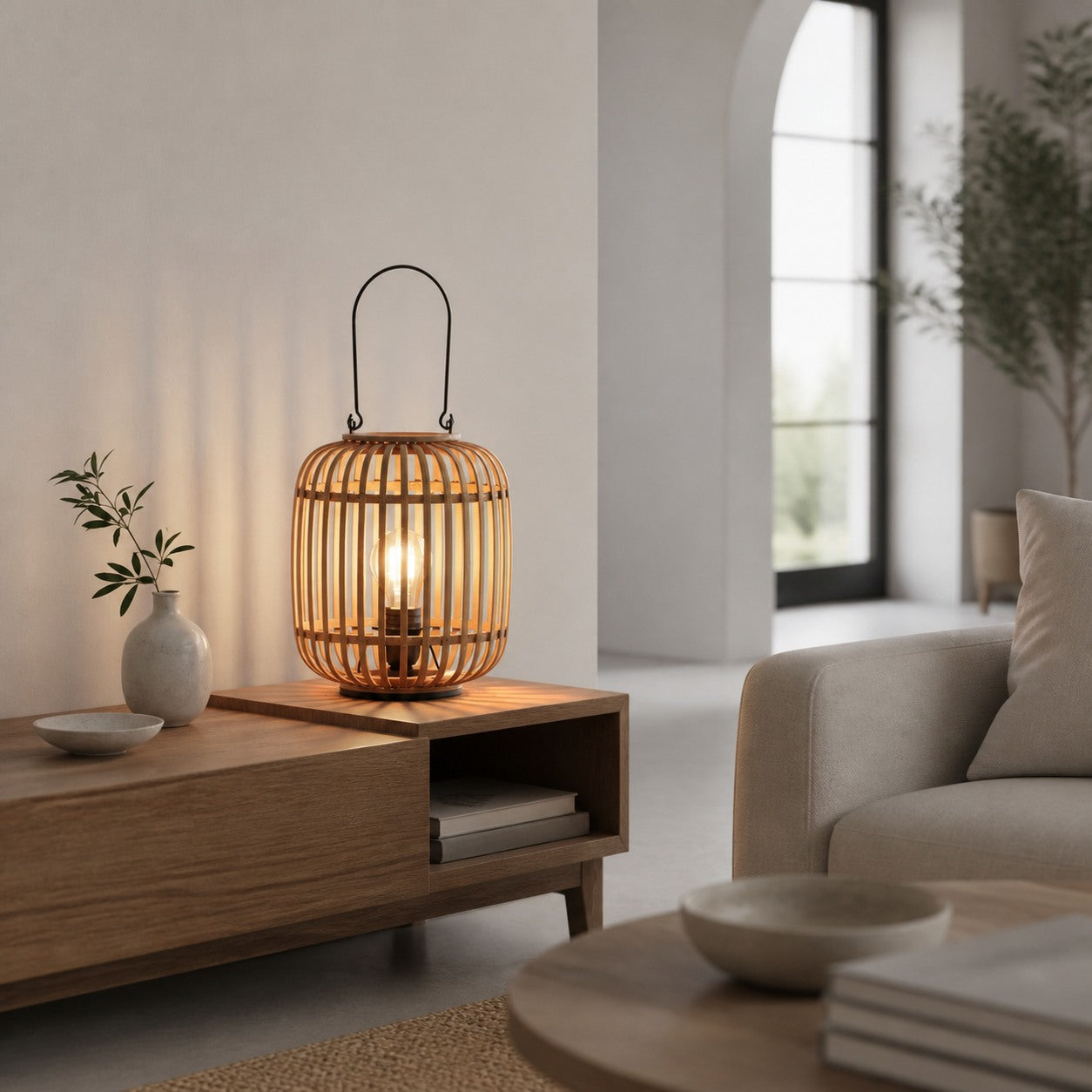 Yumeko Ambient Tischleuchte – Stilvolles und umweltfreundliches Design im offenen Bambuskäfig-Stil für Wohn- und Schlafzimmer