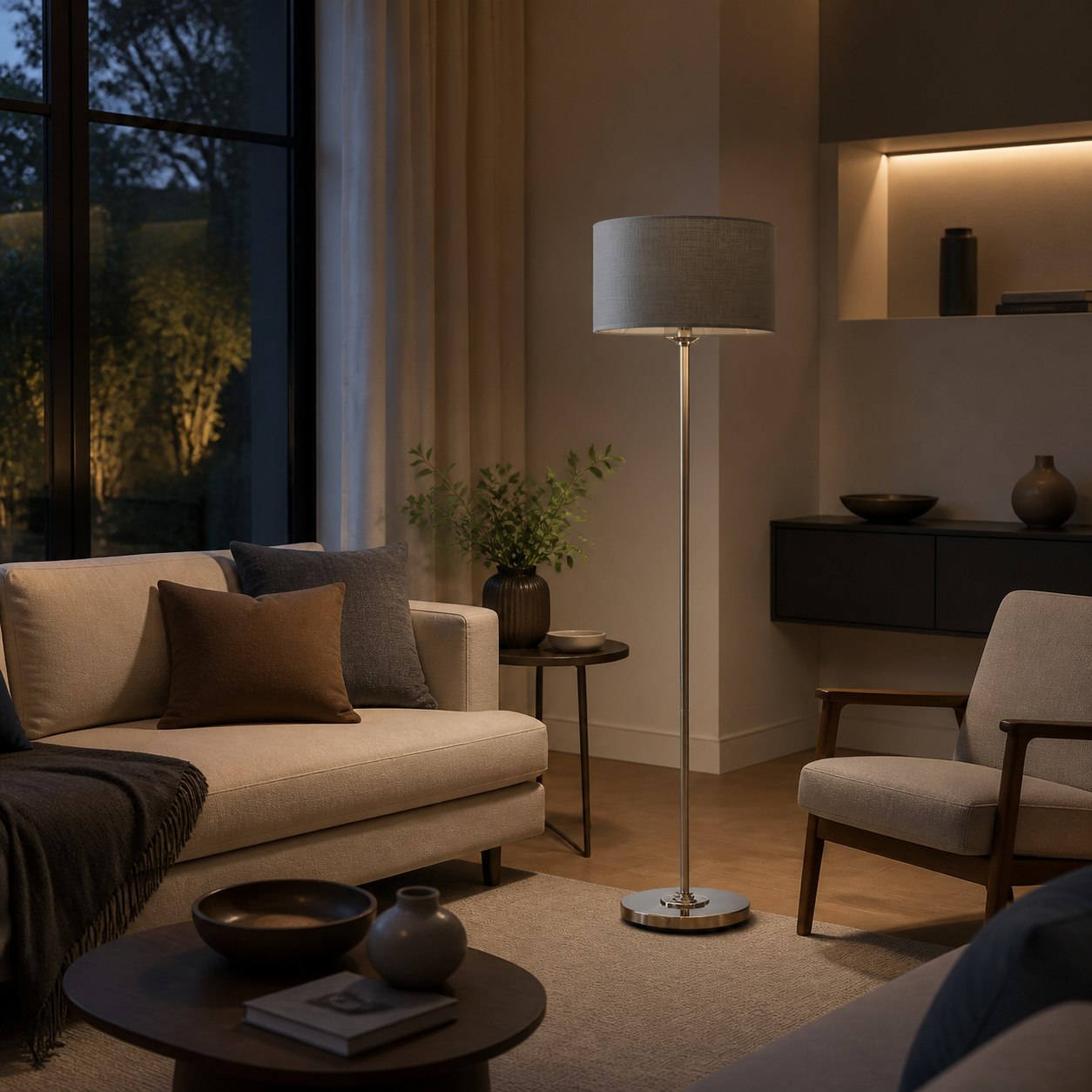 Tela Drum Shade Floor Lamp - Contemporary Fabric Standing Lamp for Home Office
