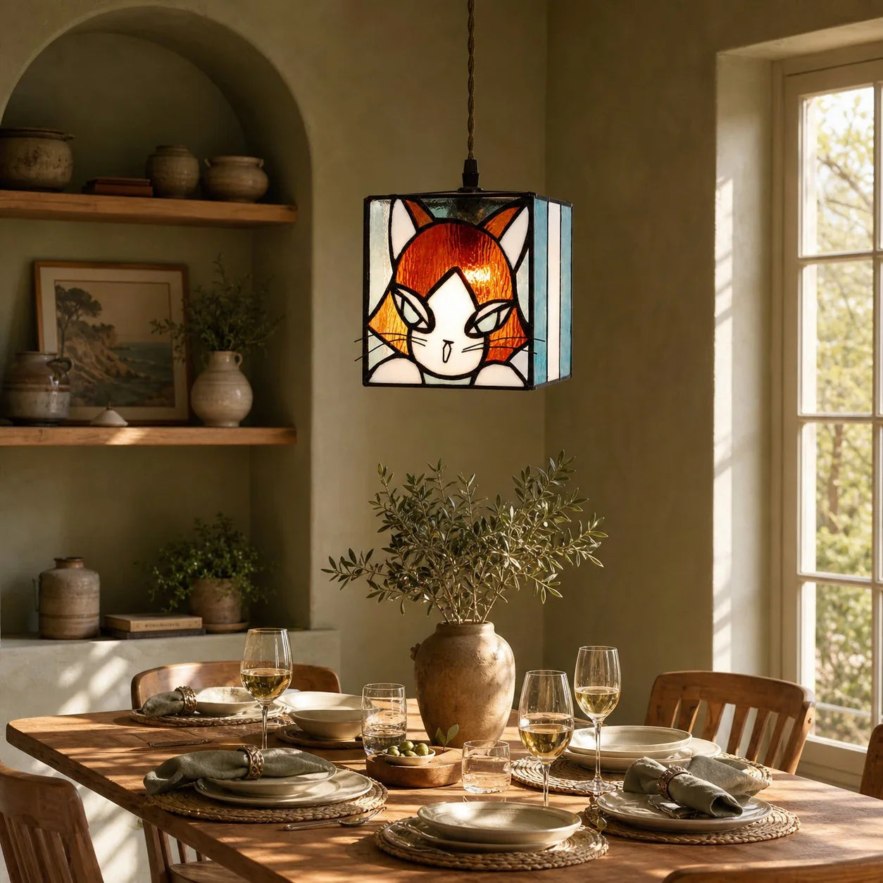 stained glass cat pendant light installed in a warm room