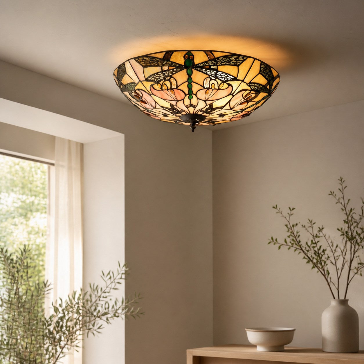 TF Ashton Tiffany Libellenmotiv Tiffany Glas-Aufbauleuchte - Übergangsstil für Schlafzimmer und Wohnzimmer