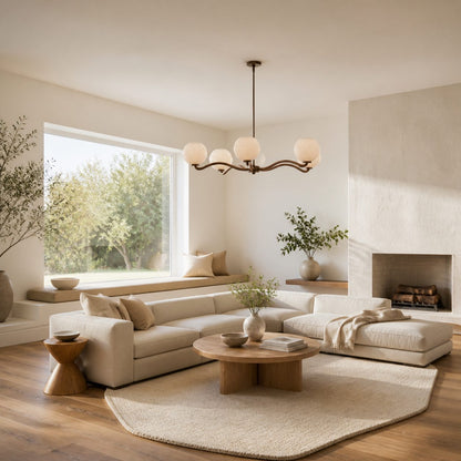 Shella Moderner Fünf-Kugel-Kronleuchter – Pendelleuchte aus Holz, Metall und Glas für Schlaf- oder Esszimmer