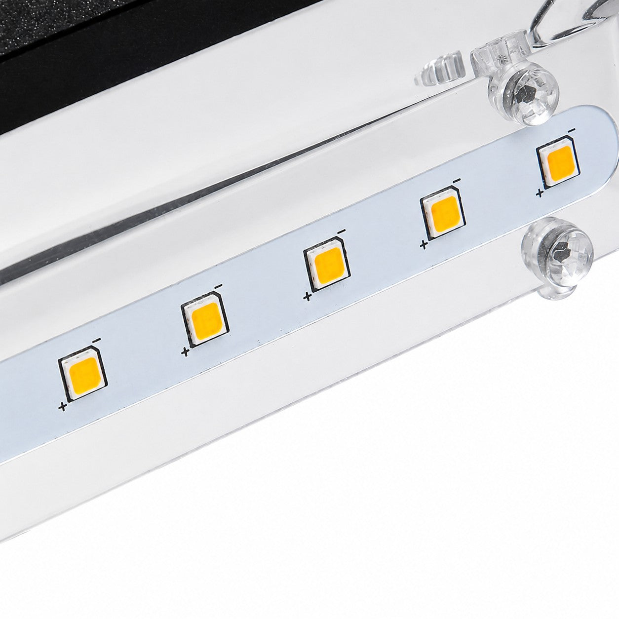 Close view of the LED module inside the black wall light