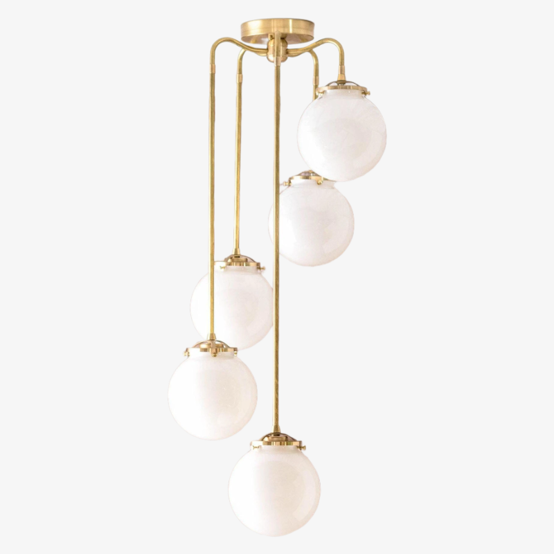 Glorica Glass 5 Globe Chandelier - Brass and Opal Glass Vintage Pendant Light