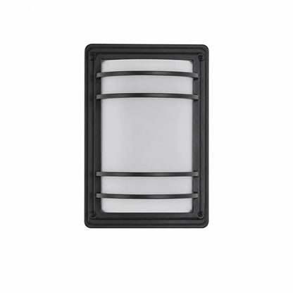 Black outdoor wall light with white glass shade turned off
