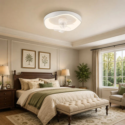 Ceiling fan light scale in a bright bedroom