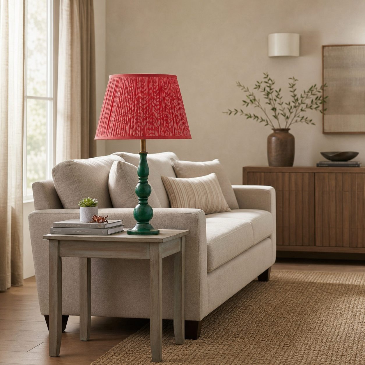 Grainora Table Lamp with Wooden Grain Base – Fabric Lampshade for Living Rooms