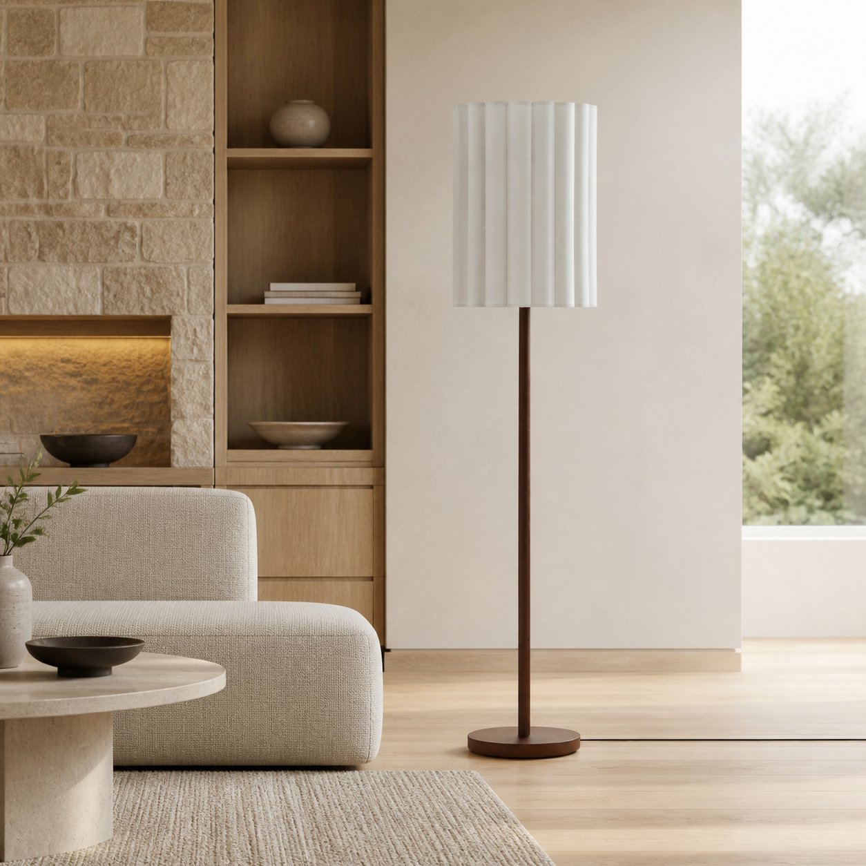 Linbron Stehlampe aus Walnussholz mit geriffeltem Leinenschirm – Moderne, natürliche Wohndekoration