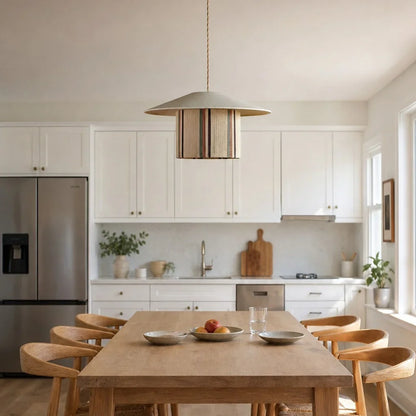 Wabi-sabi fabric pendant lamp over a dining table