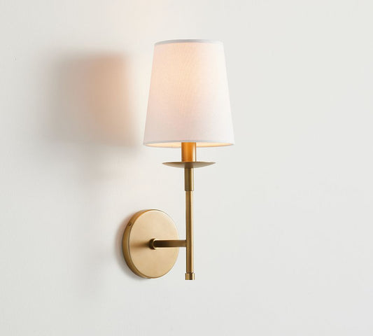 Rowan Bronze or Brass Wall Light with White Linen Shade Timeless Iron Sconce for Indoor Spaces