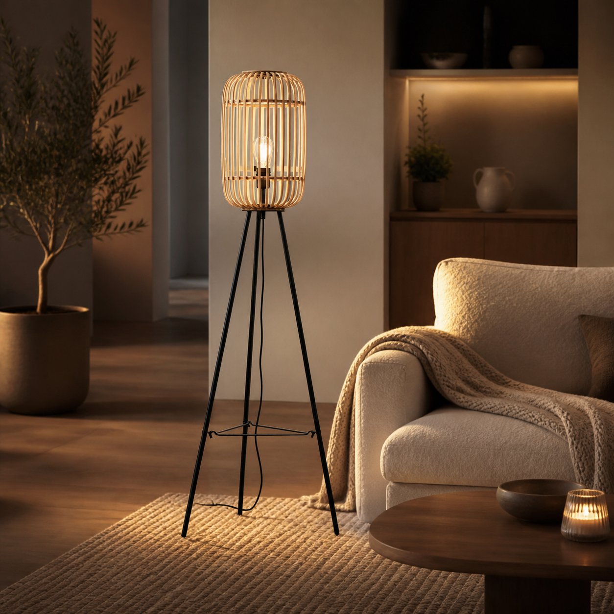 Yumeko Stehlampe aus Naturgewebe – Moderne skandinavische Stehlampe mit Bambusschirm für Schlaf- oder Wohnzimmer