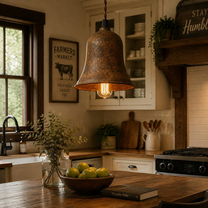 Rust bell pendant light over a warm kitchen island
