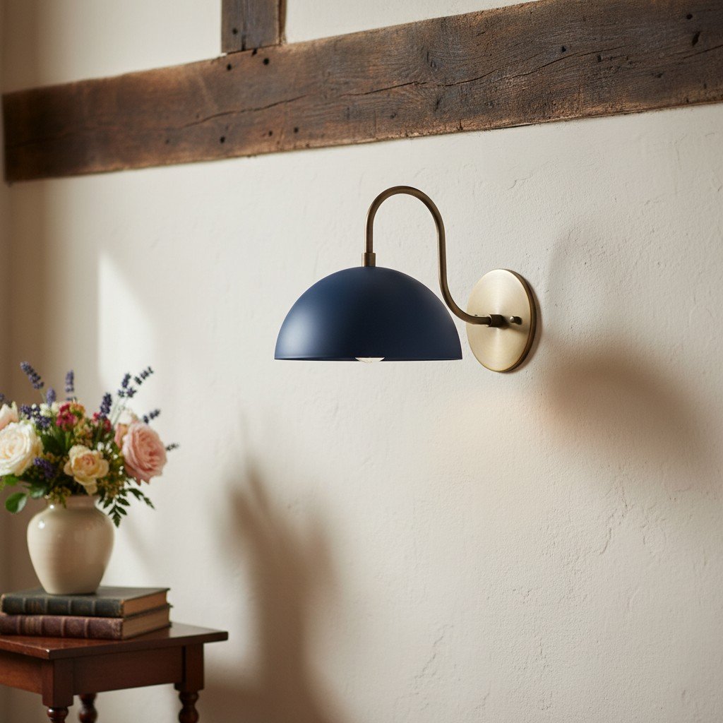 Curva Metal  Industrial Wall Sconce - Curved Brass Arm - Hammered Dome Light Fixture