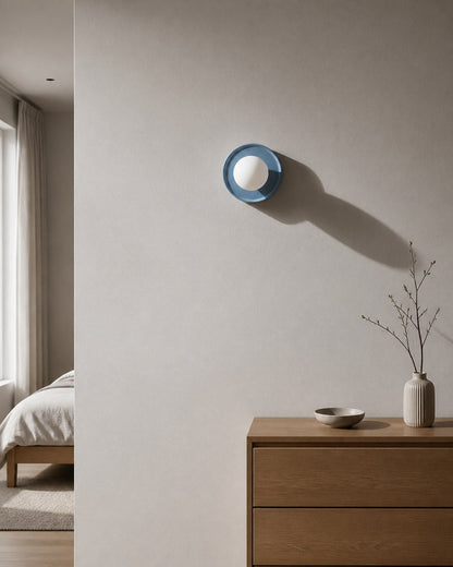 Solna Round Glass Wall Sconce with Ceramic Base—Minimalist Lighting for Bedroom or Hallway