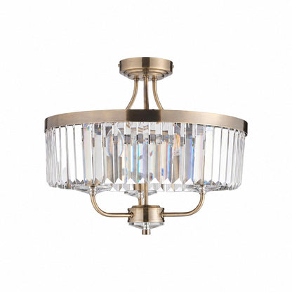 Beveline 3 Light Round Semi Flush - Faceted Cut Glass Shade Metal Finish for Hallways and Bedrooms