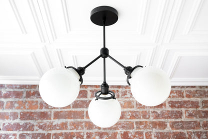 Glorica Glass Chandelier - Brass Globe Ceiling Light with Opal Shade