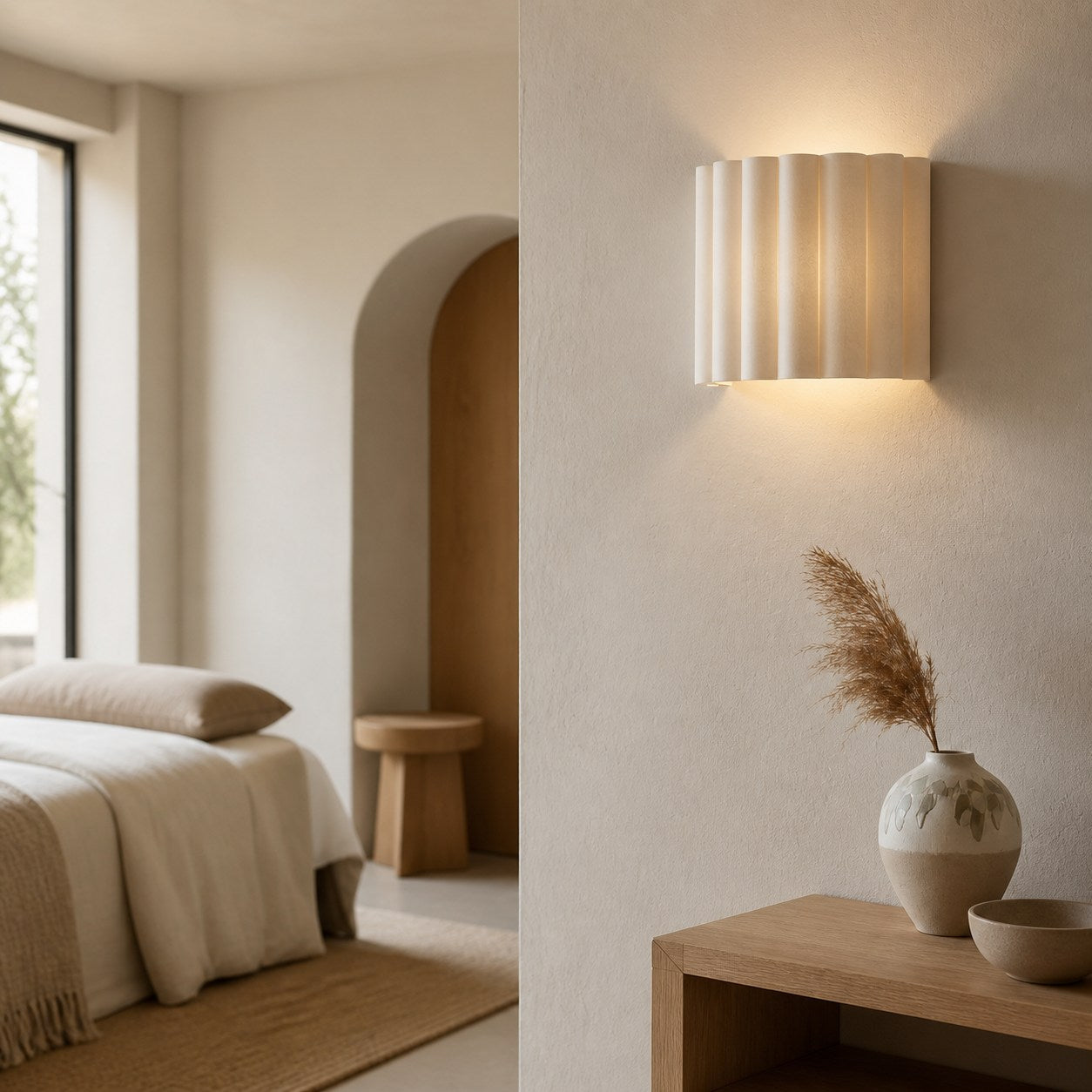 Velura Wandleuchte mit Leinenfalte – Sanftes, plissiertes Stoffdesign für Schlafzimmer oder Flur