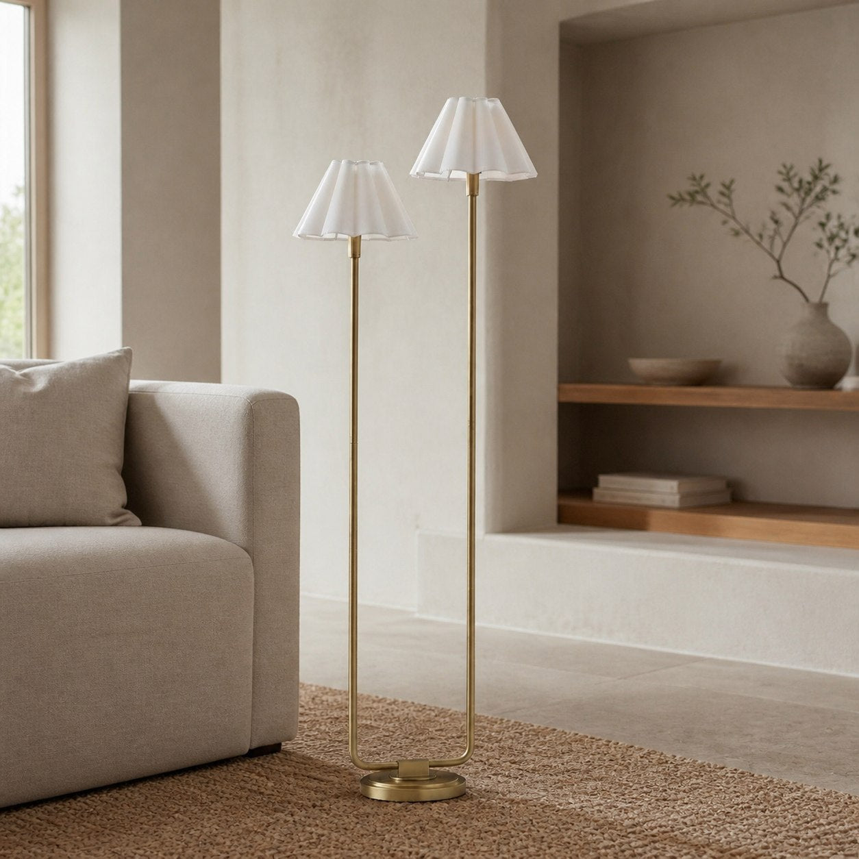 Duova Minimalist 2‑Light Floor Lamp - Modern Pleated Fabric Metal Light for Bedroom or Living Room