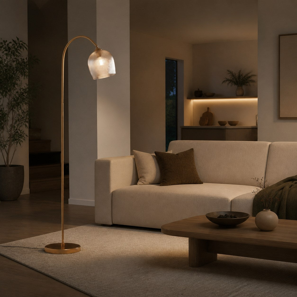 Brazara Adjustable Glass Shade Floor Lamp – Curved Metal Stem for Living Spaces