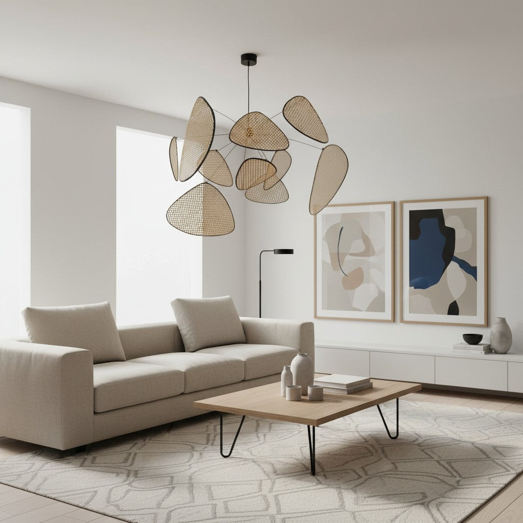 Rivana Modern Woven Rattan Chandelier – Metal Bamboo Pendant Light for Kitchens and Lounges N41