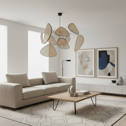 Rivana Modern Woven Rattan Chandelier – Metal Bamboo Pendant Light for Kitchens and Lounges N41