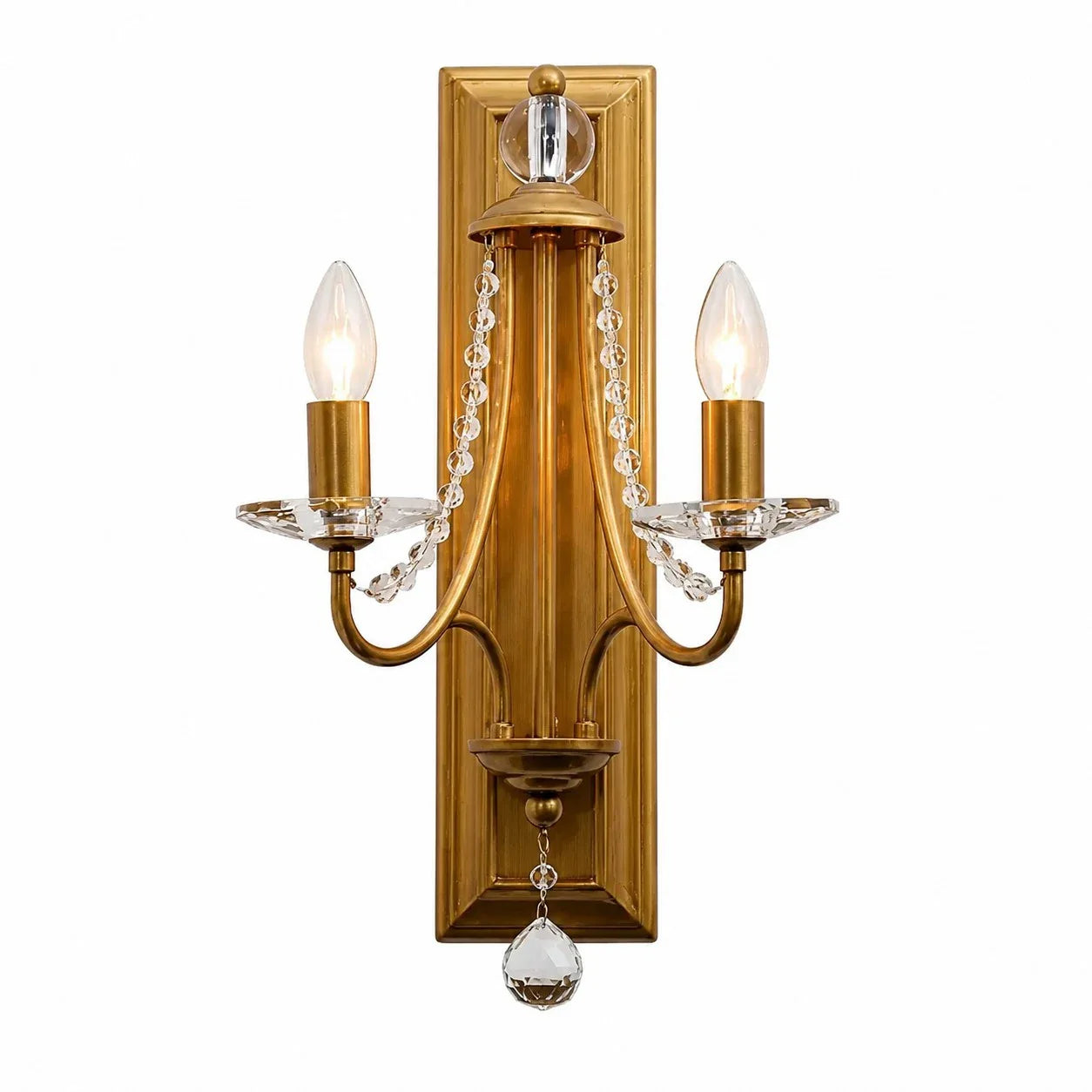 Vintage brass crystal double wall sconce on a white background