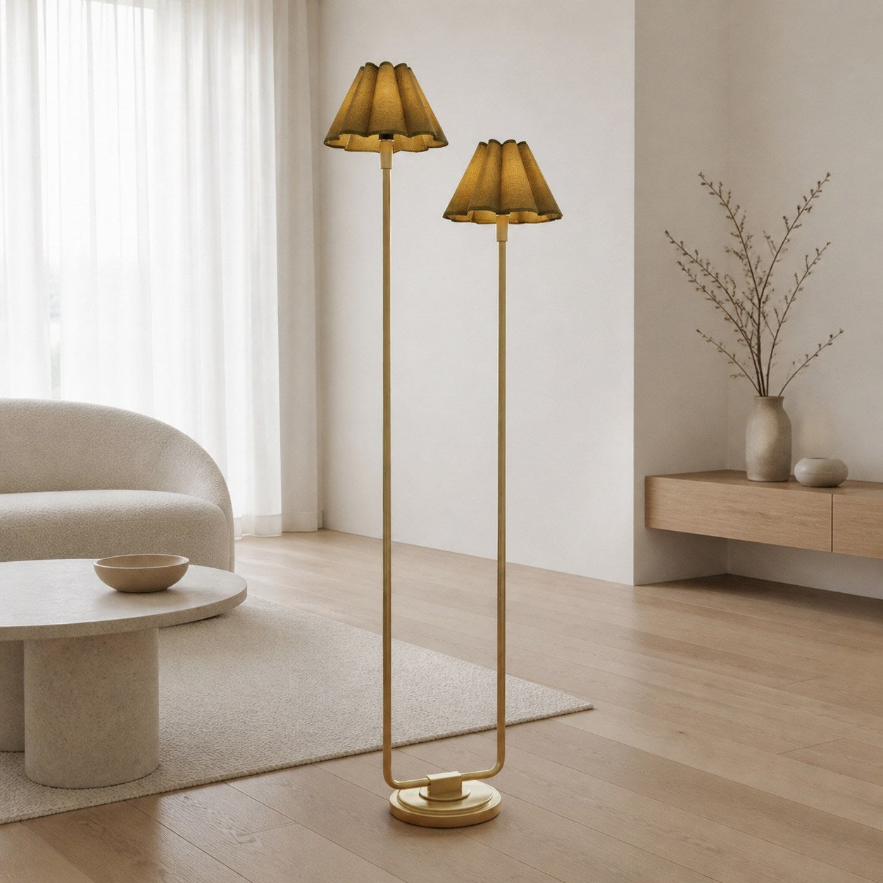Duova Minimalist 2‑Light Floor Lamp - Modern Pleated Fabric Metal Light for Bedroom or Living Room