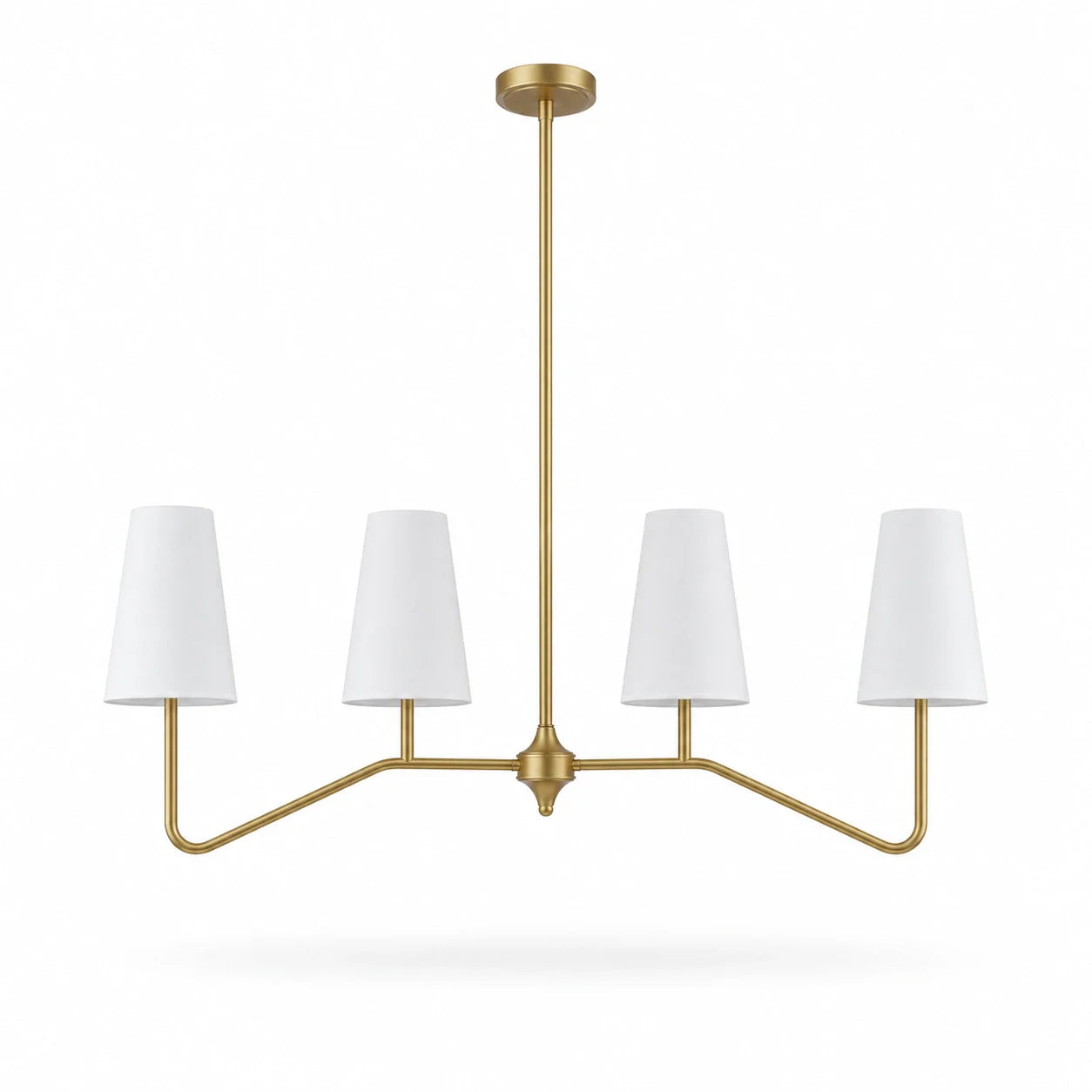Strellux linear chandelier in brass finish with white shades