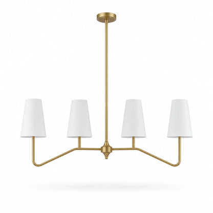 Strellux linear chandelier in brass finish with white shades