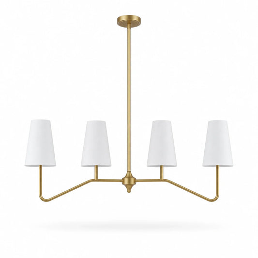 Strellux linear chandelier in brass finish with white shades