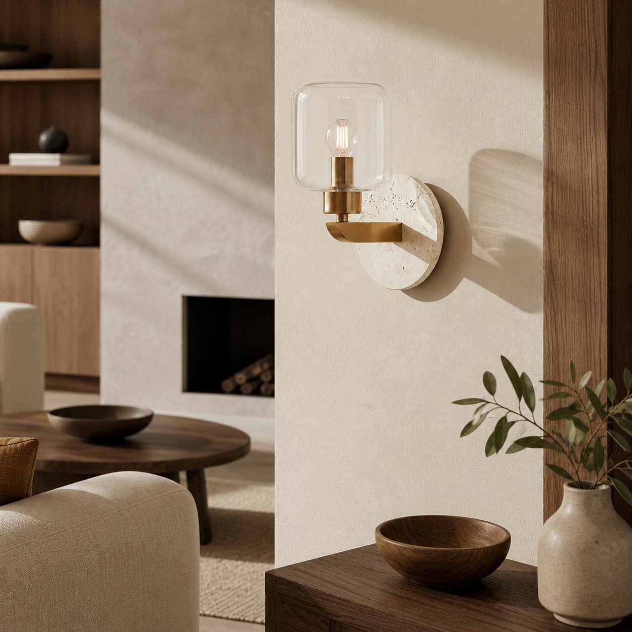 Korlisse Modern Marble Wall Light - Vintage Brass & Clear Glass Accent for Living Room and Hallway