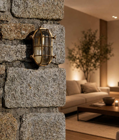 Ivoran Bulkhead Wall Sconce - Brass Caged Glass Vintage Industrial Light for Outdoor and Bathroom