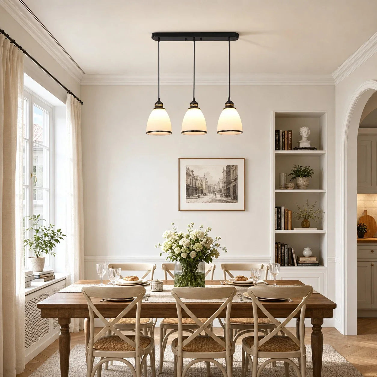 Linear pendant installed above a 6-seat dining table