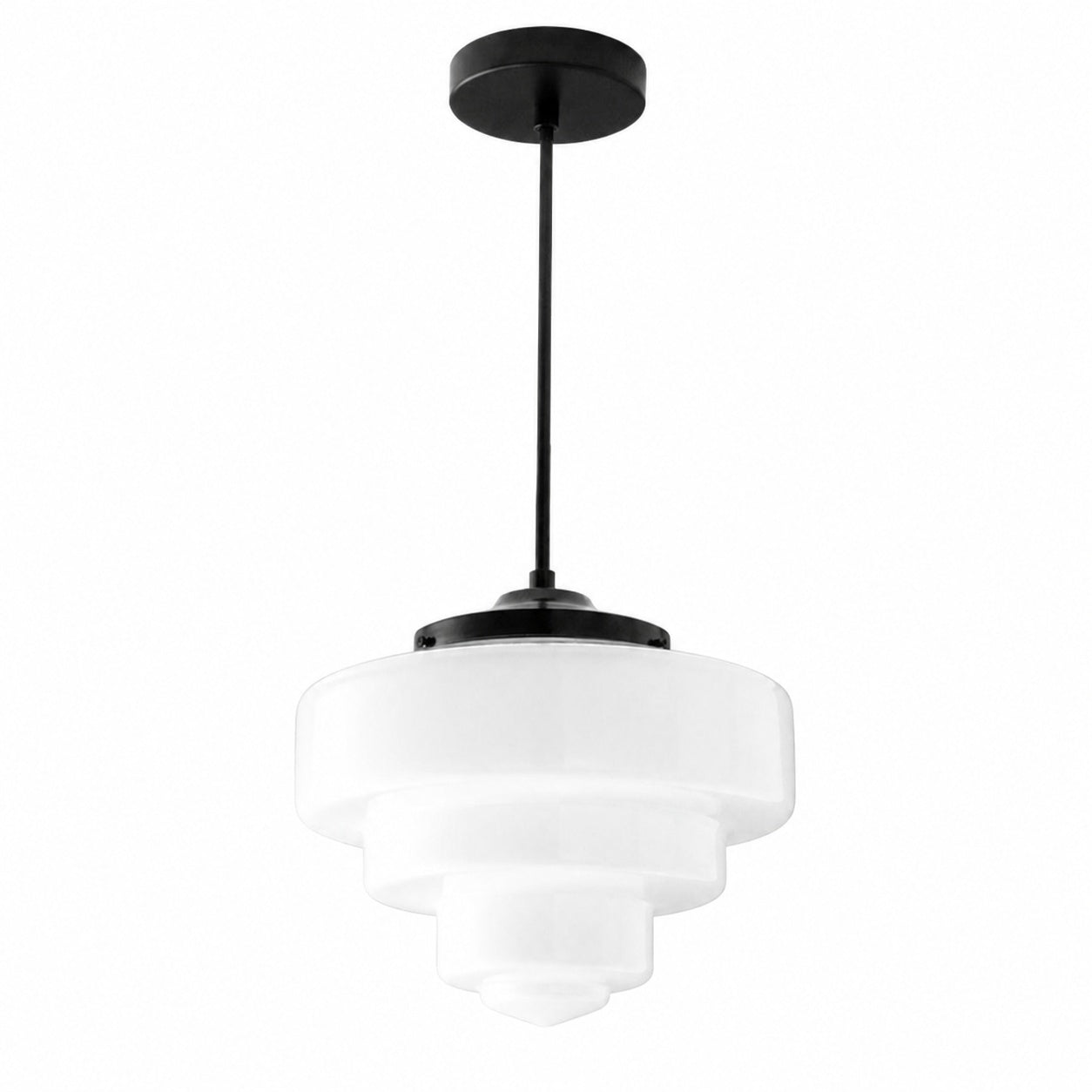 Geotower Glas-Messing-Pendelleuchte – Art Deco Opal Globe Deckenleuchte