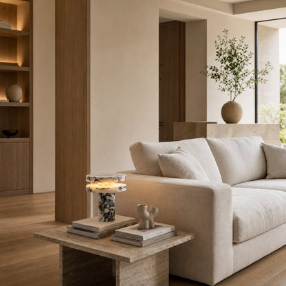 Modern Sculptural Table Lamp with Cylindrical Base Design for Bedroom Bedside and Living Room Use