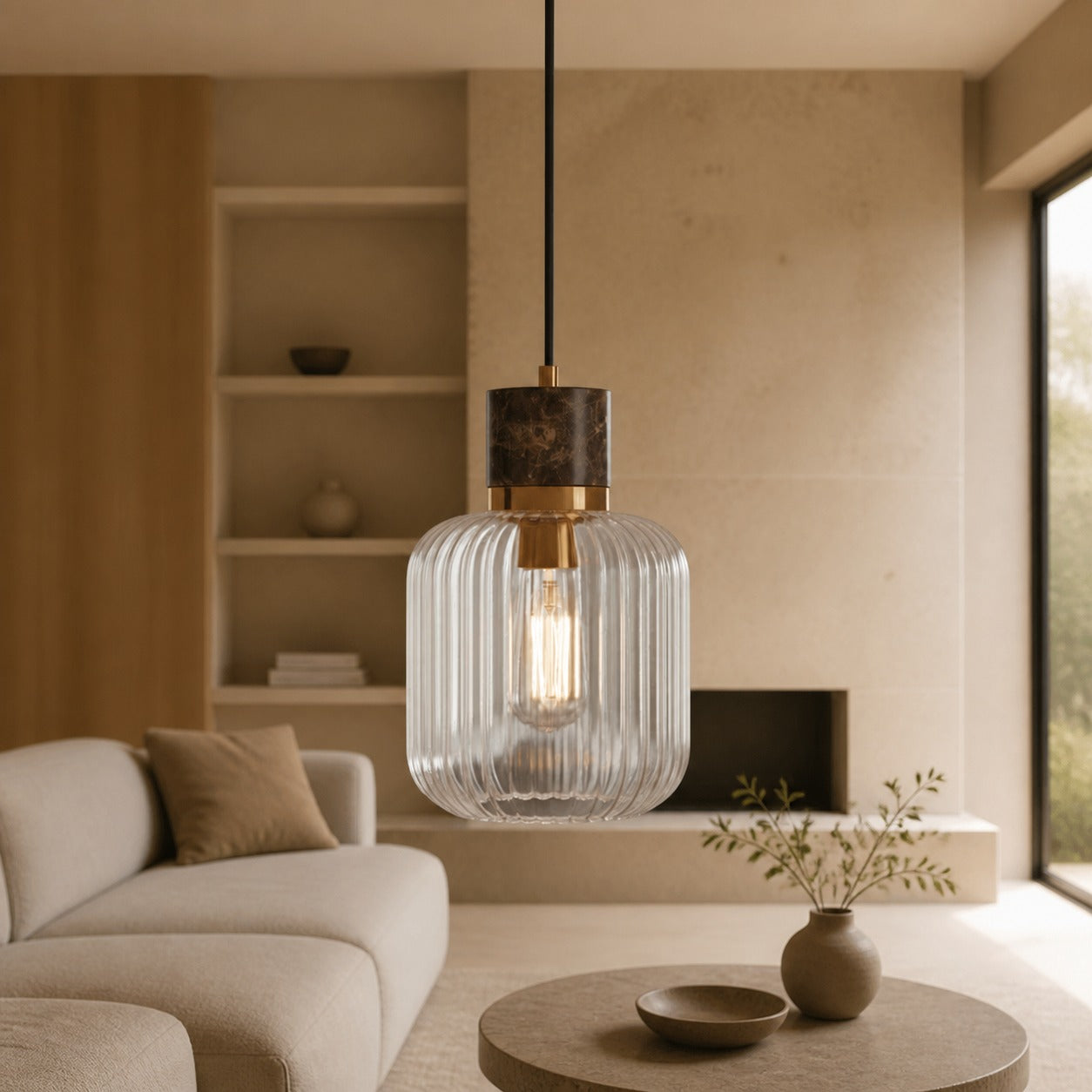 Korlisse Pendelleuchte aus Naturstein und Glas – Stilvolle Lampe für Wohnzimmer oder Lounge