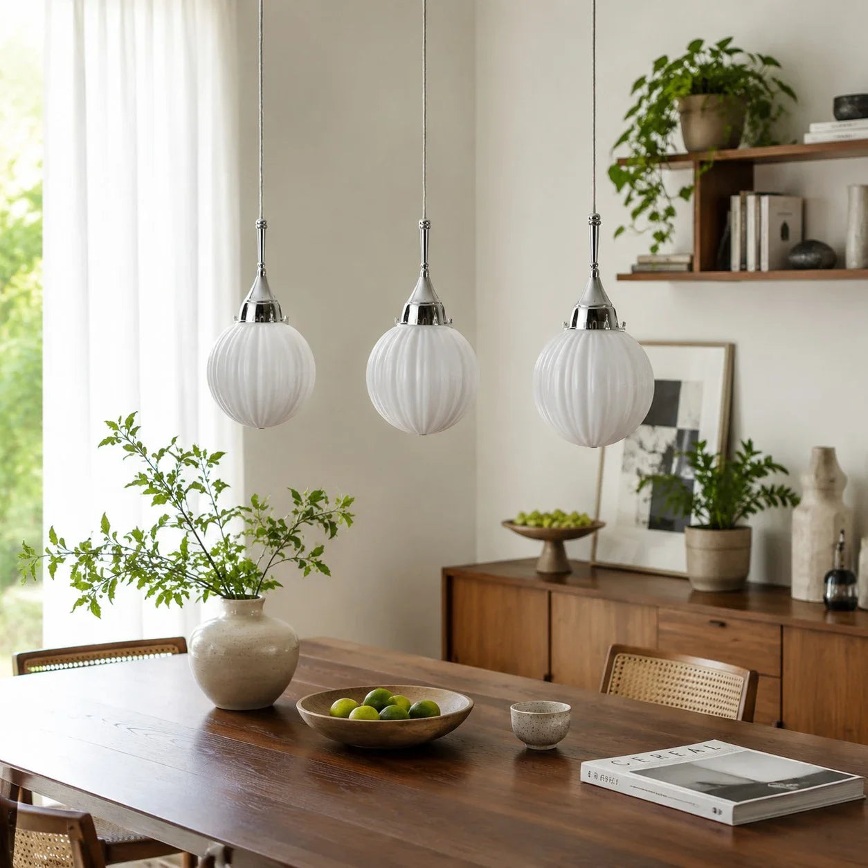 Three ribbed glass pendants above a dining table