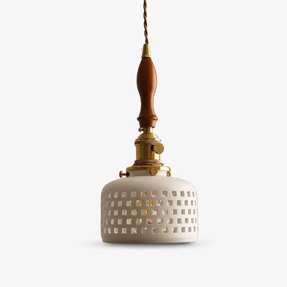 Wood accent grid cutout ceramic pendant light