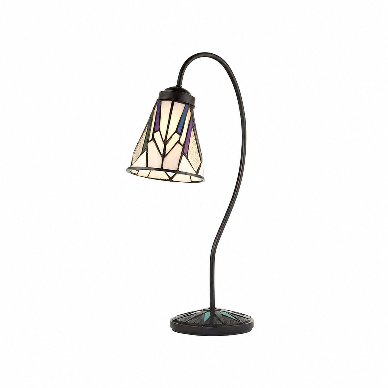TF Astoria Tiffany Tischleuchte – Geschwungener Schwanenhalsarm, Art-Deco-Glasschirm für den Schreibtisch