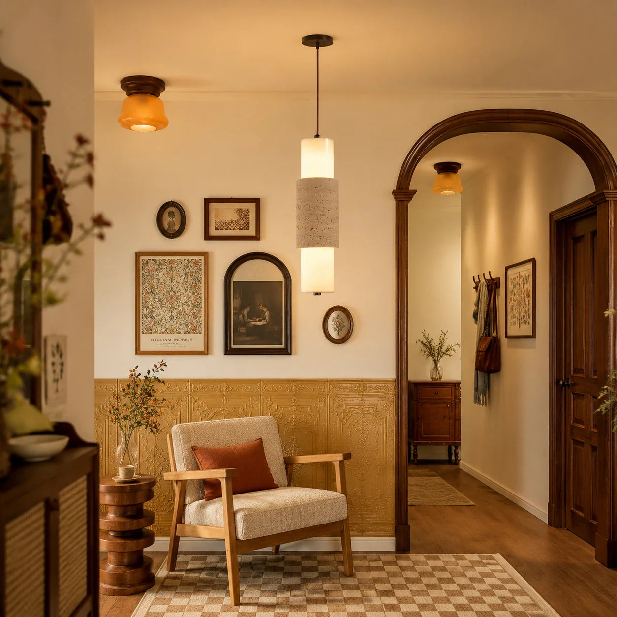 Travertine pendant lamp in a warm vintage entry and lounge space