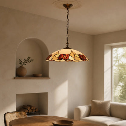 TF Ingram Tiffany Pendant Light – Vintage Handcrafted Stained Glass Floral Shade for Dining Room