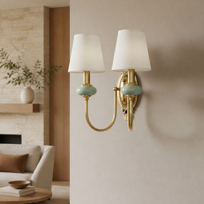 Rowanea Ceramic Wall Sconce with Fabric Shade and Metal Finish – Farmhouse Modern Hallway Light