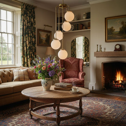 Glorica Glass 5 Globe Chandelier - Brass and Opal Glass Vintage Pendant Light