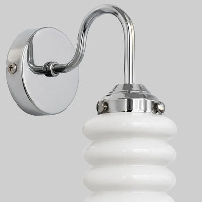 Chrome wall plate and white ribbed glass shade close view