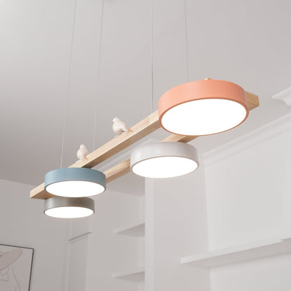 Vogel-Kronleuchter, Holzbalken, Metall, Acrylharz, integrierte LED, helles weißes Licht